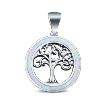 Lab Created White Opal Family Tree of Life Whimsical 925 Sterling Silver Charm Pendant